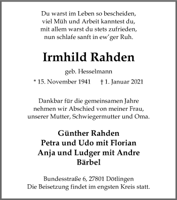Todesanzeige von Irmhild Rahden von SYK