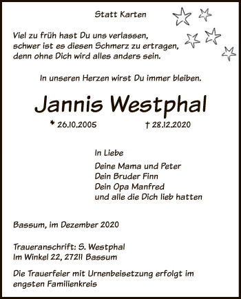 Todesanzeige von Jannis Westphal von SYK