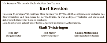 Todesanzeige von Kurt Kersten von SYK