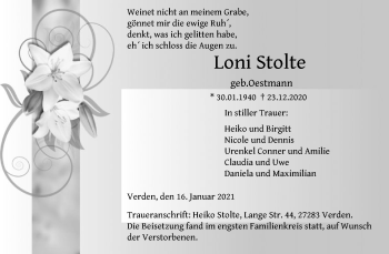 Todesanzeige von Loni Stolte von SYK