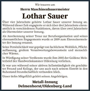 Todesanzeige von Lothar Sauer von SYK