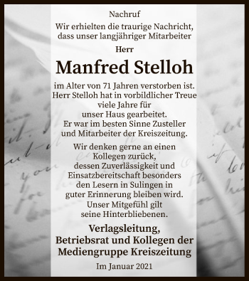 Todesanzeige von Manfred Stelloh von SYK