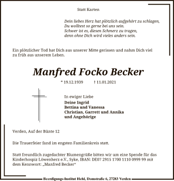 Todesanzeige von Manfred Focko Becker von SYK