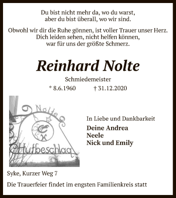 Todesanzeige von Reinhard Nolte von SYK