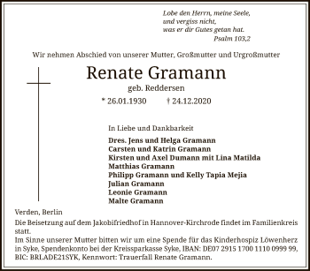 Todesanzeige von Renate Gramann von SYK
