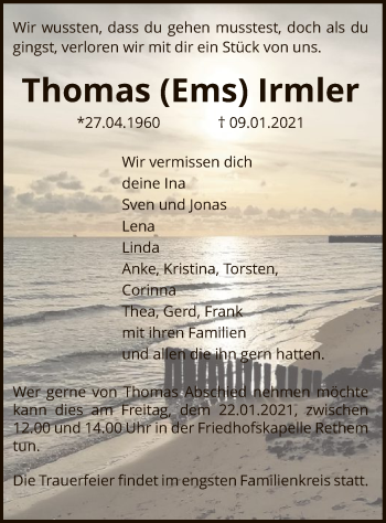 Todesanzeige von Thomas Irmler von SYK