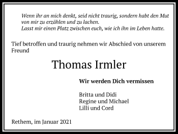 Todesanzeige von Thomas Irmler von SYK