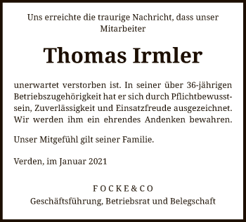 Todesanzeige von Thomas Irmler von SYK