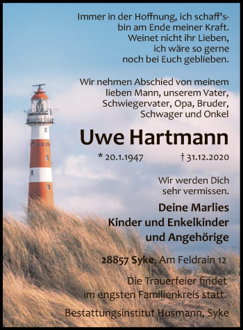 Todesanzeige von Uwe Hartmann von SYK