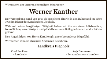 Todesanzeige von Werner Kanther von SYK