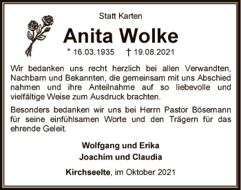 Todesanzeige von Anita Wolke von SYK