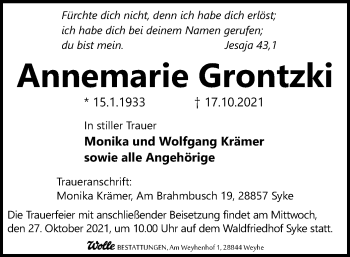 Todesanzeige von Annemarie Grontzki von SYK