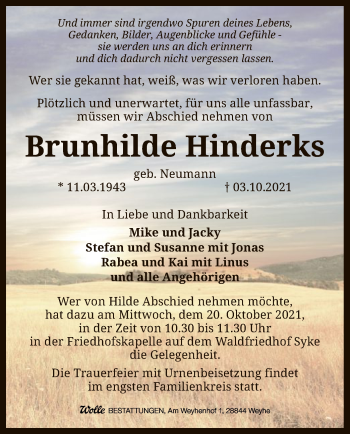 Todesanzeige von Brunhilde Hinderks von SYK