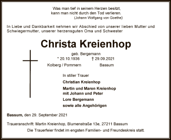 Todesanzeige von Christa Kreienhop von SYK