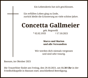 Todesanzeige von Concetta Gallmeier von SYK
