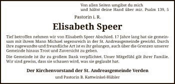 Todesanzeige von Elisabeth Speer von SYK