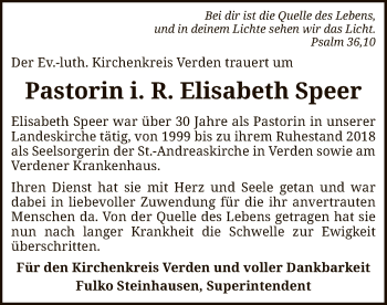 Todesanzeige von Elisabeth Speer von SYK