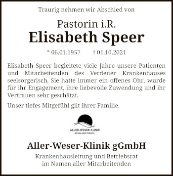 Todesanzeige von Elisabeth Speer von SYK