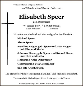 Todesanzeige von Elisabeth Speer von SYK