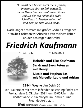 Todesanzeige von Friedrich Kaufmann von SYK