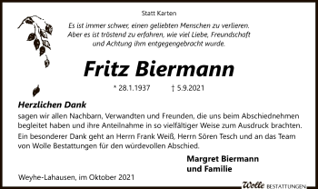 Todesanzeige von Fritz Biermann von SYK