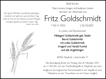 Todesanzeige von Fritz Goldschmidt von SYK