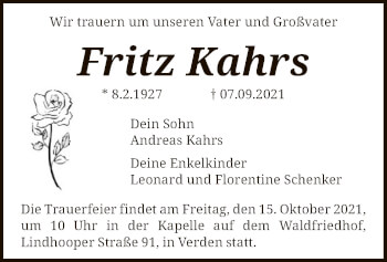 Todesanzeige von Fritz Kahrs von SYK