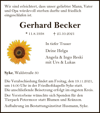Todesanzeige von Gerhard Becker von SYK