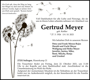 Todesanzeige von Gertrud Meyer von SYK