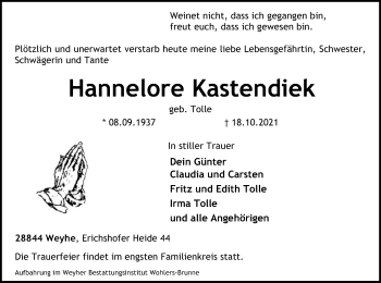 Todesanzeige von Hannelore Kastendiek von SYK