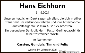 Todesanzeige von Hans Eichhorn von SYK