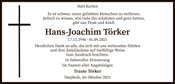 Todesanzeige von Hans Joachim Törker von SYK
