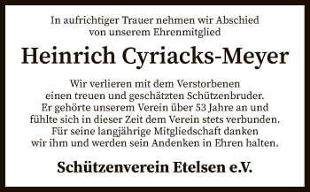 Todesanzeige von Heinrich Cyriacks-Meyer von SYK