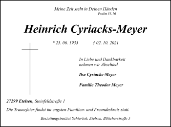 Todesanzeige von Heinrich Cyriacks-Meyer von SYK