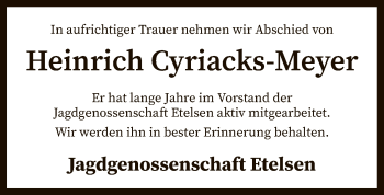 Todesanzeige von Heinrich Cyriacks-Meyer von SYK