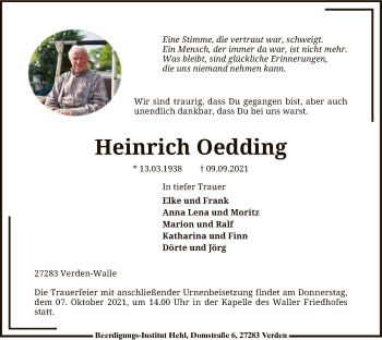 Todesanzeige von Heinrich Oedding von SYK