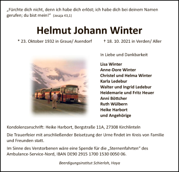 Todesanzeige von Helmut Johann Winter von SYK