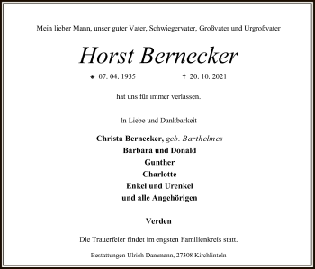 Todesanzeige von Horst Bernecker von SYK