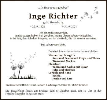 Todesanzeige von Inge Richter von SYK