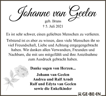 Todesanzeige von Johanne van Geelen von SYK