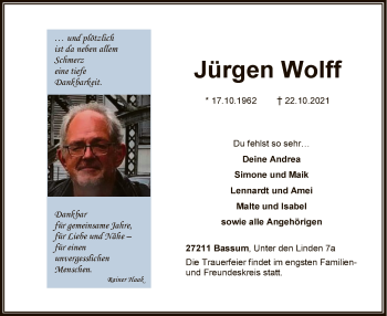 Todesanzeige von Jürgen Wolff von SYK