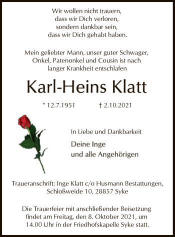 Todesanzeige von Karl-Heins Klatt von SYK