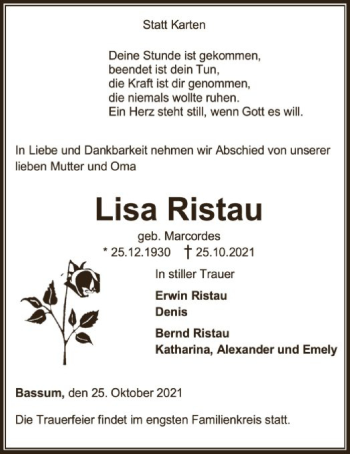 Todesanzeige von Lisa Ristau von SYK