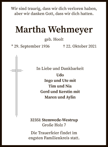 Todesanzeige von Martha Wehmeyer von SYK