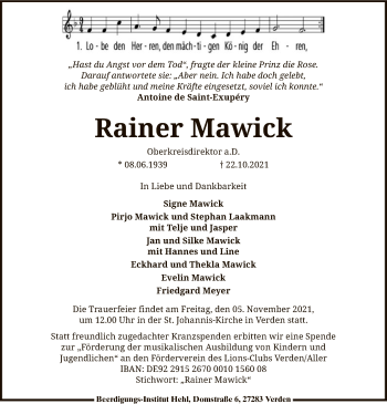 Todesanzeige von Rainer Mawick von SYK