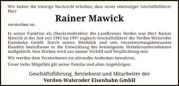 Todesanzeige von Rainer Mawick von SYK