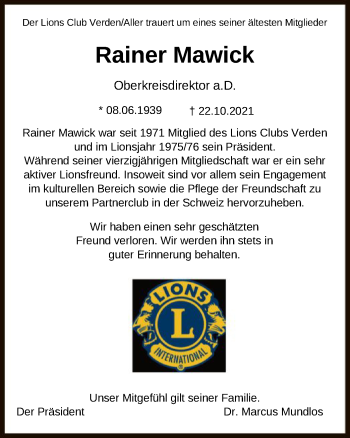 Todesanzeige von Rainer Mawick von SYK