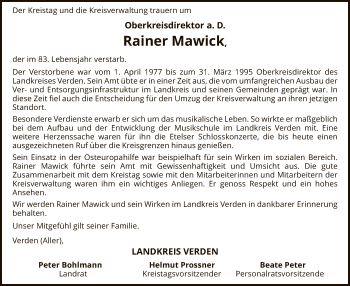 Todesanzeige von Rainer Mawick von SYK