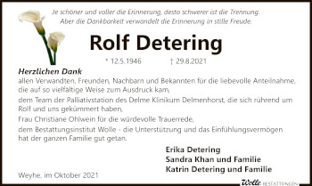 Todesanzeige von Rolf Detering von SYK
