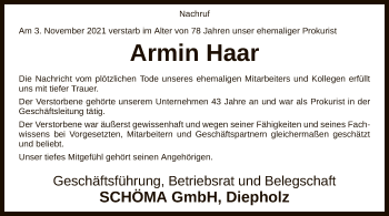 Todesanzeige von Armin Haar von SYK